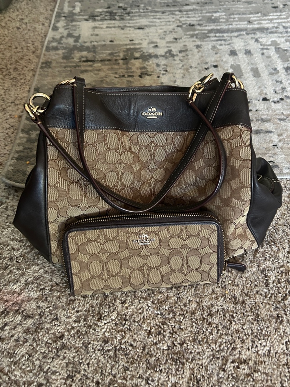 Coach Brown and Dark Brown Signature Canvas Shoulder Bag